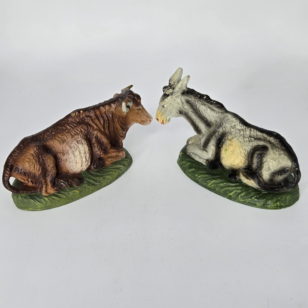 Vintage 7" Fontanini Nativity Ox Bull & Donkey Ass Animal‎ Figure Pair Italy